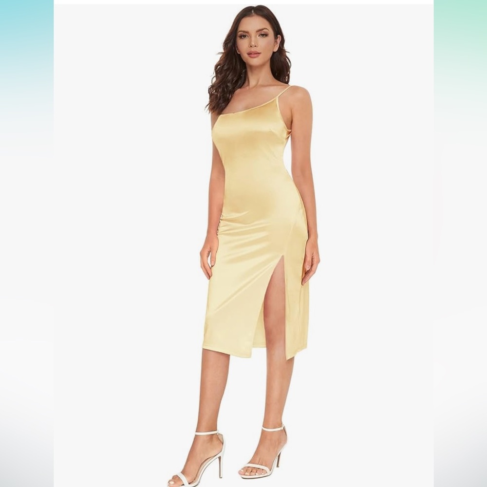 Gold one shoulder satin dress